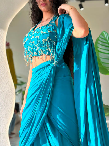 Teal Embellished Drape Set