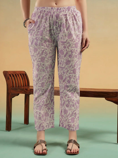 Ivory Blossom Cotton Suit Set – Jaipuri Printed Kurti Pant with Dupatta