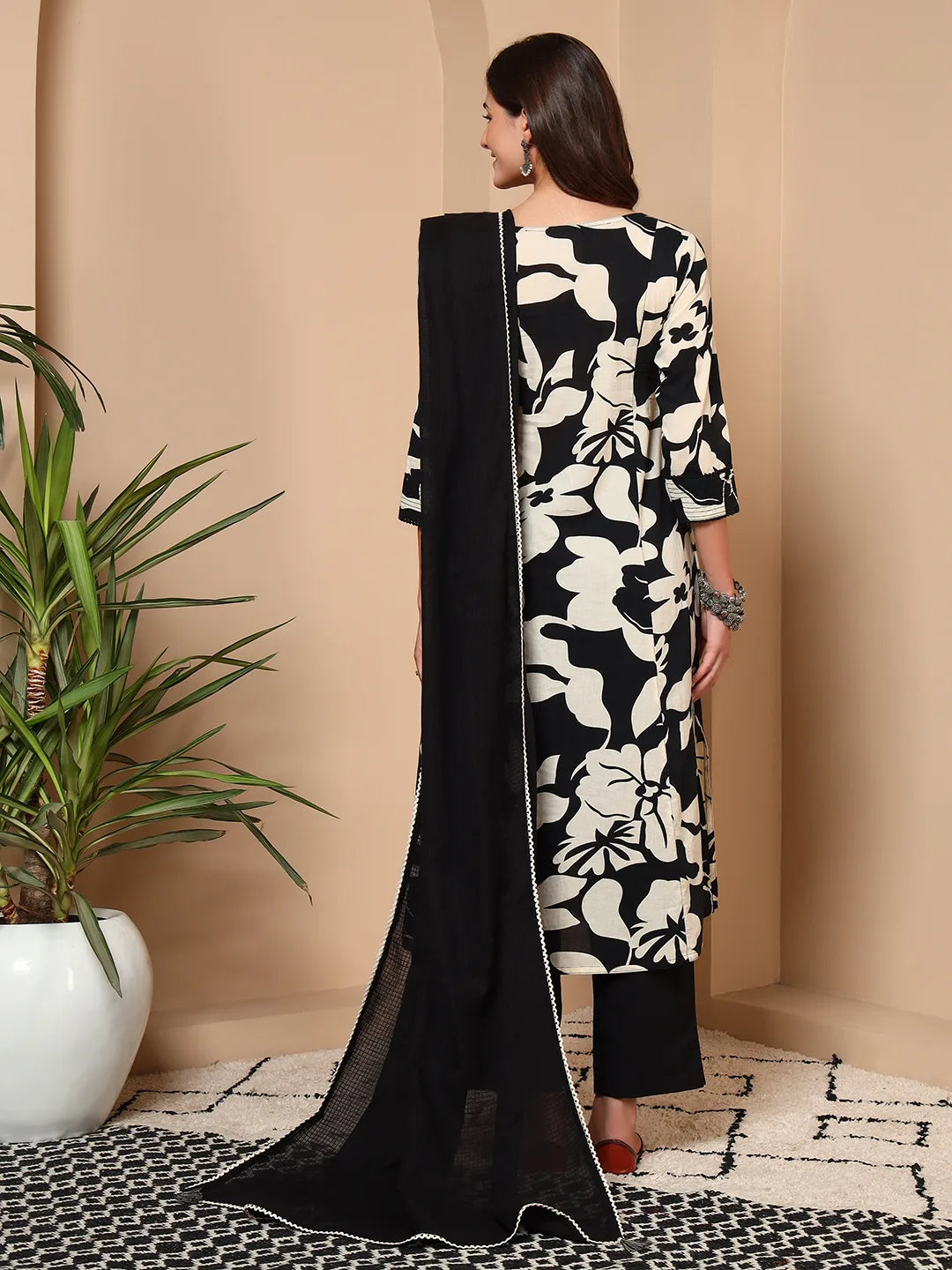Noir Blossom Mirror Work Cotton 3-Piece Suit Set
