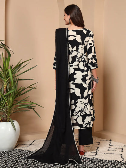 Noir Blossom Mirror Work Cotton 3-Piece Suit Set