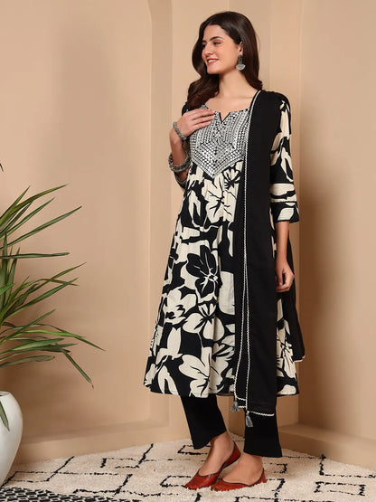 Noir Blossom Mirror Work Cotton 3-Piece Suit Set