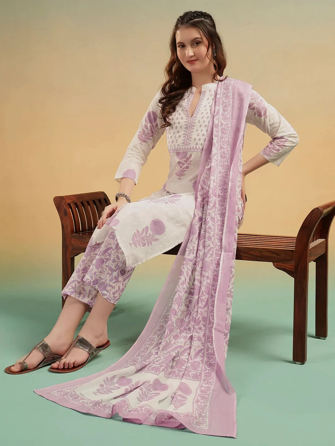 Ivory Blossom Cotton Suit Set – Jaipuri Printed Kurti Pant with Dupatta