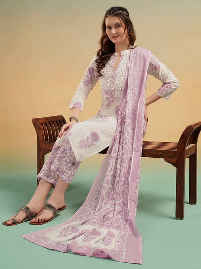 Ivory Blossom Cotton Suit Set – Jaipuri Printed Kurti Pant with Dupatta