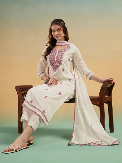 Ivory White Lucknowi Embroidered Cotton 3-Piece Suit Set