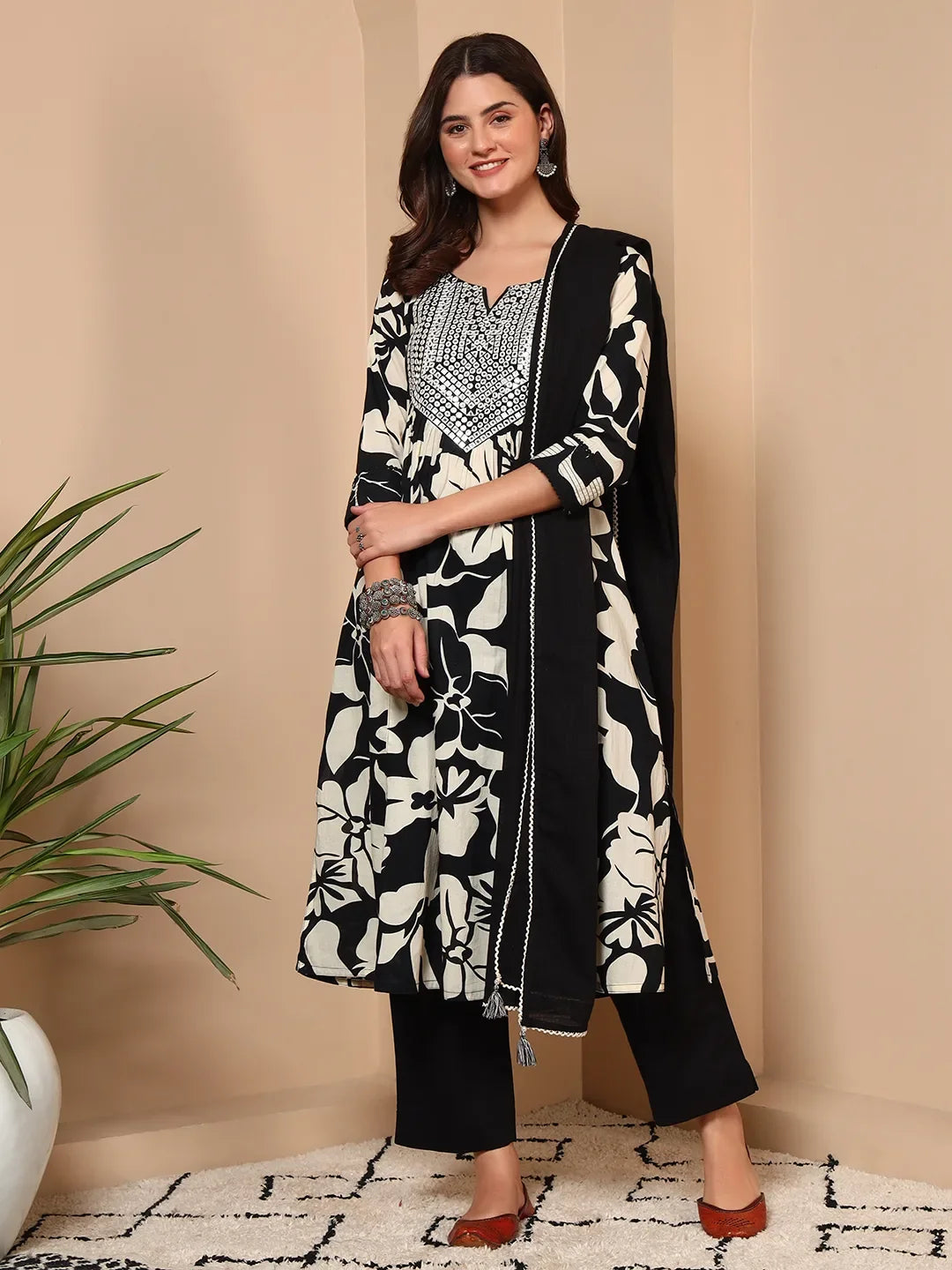 Noir Blossom Mirror Work Cotton 3-Piece Suit Set