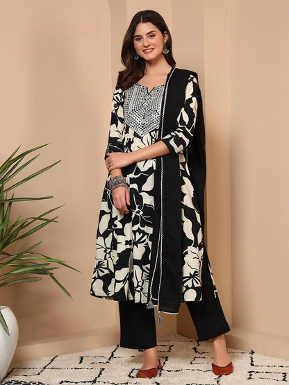 Noir Blossom Mirror Work Cotton 3-Piece Suit Set