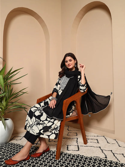 Noir Blossom Mirror Work Cotton 3-Piece Suit Set