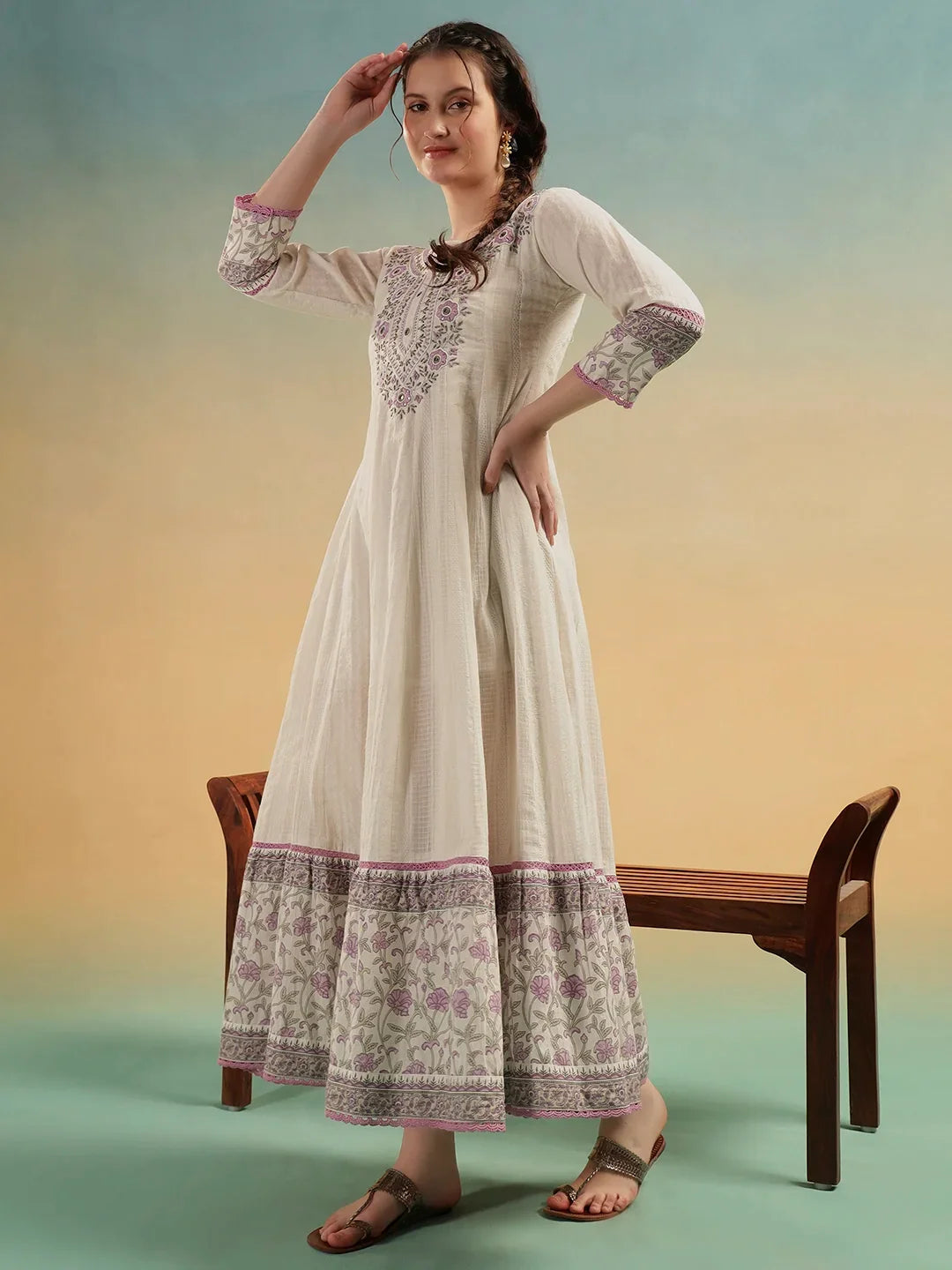 akrati Vastram Ivory Bloom A-Line Cotton Dress