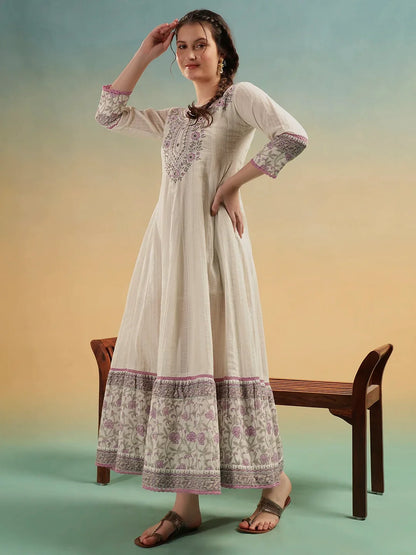 akrati Vastram Ivory Bloom A-Line Cotton Dress