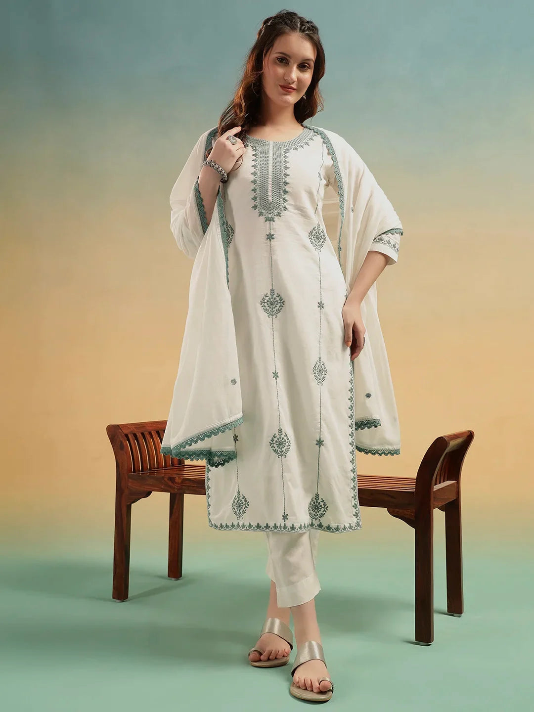 Saanvi Cream Embroidered Cotton Suit Set