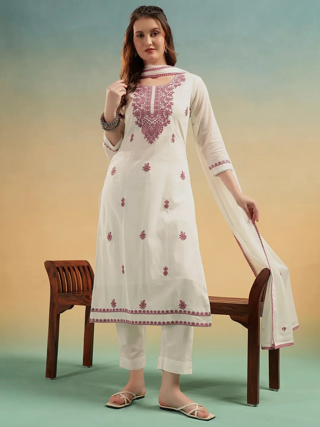 Ivory White Lucknowi Embroidered Cotton 3-Piece Suit Set