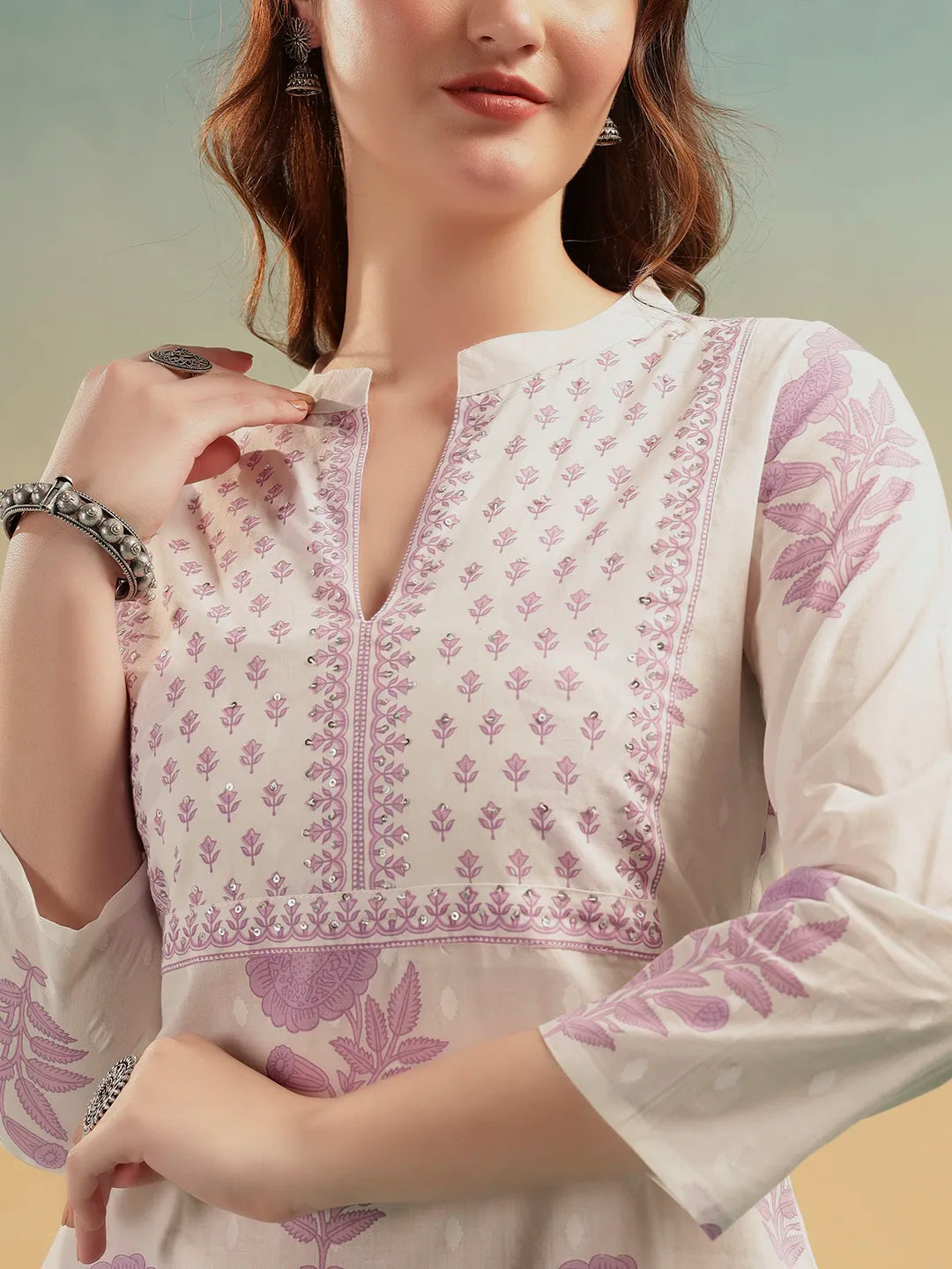 Ivory Blossom Cotton Suit Set – Jaipuri Printed Kurti Pant with Dupatta