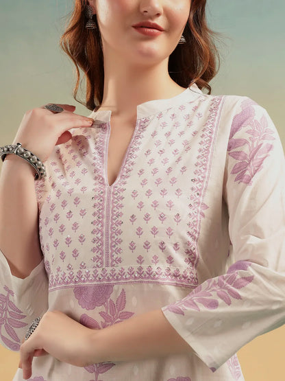 Ivory Blossom Cotton Suit Set – Jaipuri Printed Kurti Pant with Dupatta