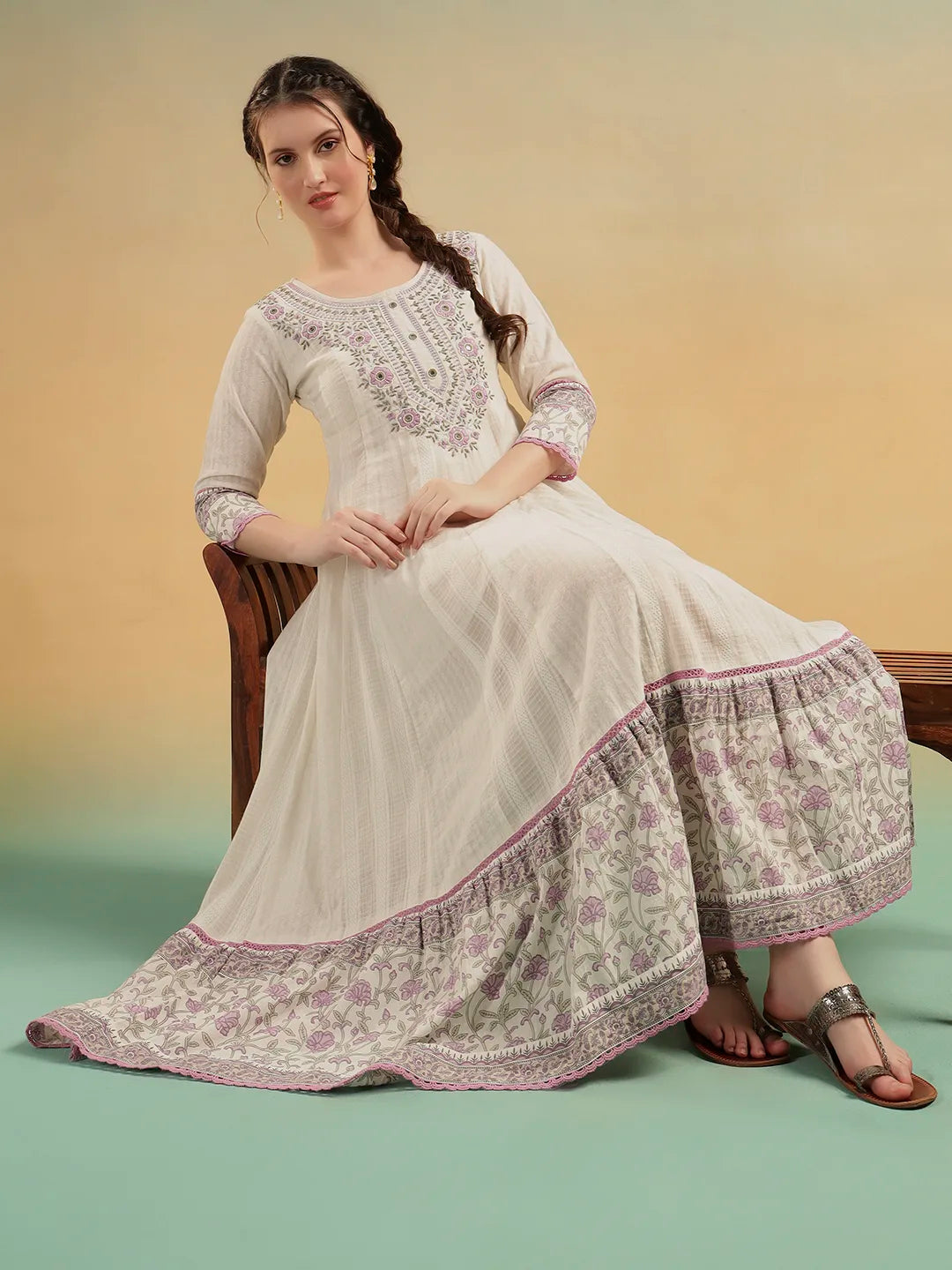akrati Vastram Ivory Bloom A-Line Cotton Dress