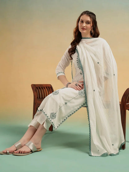 Saanvi Cream Embroidered Cotton Suit Set