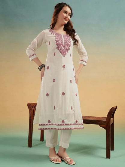 Ivory White Lucknowi Embroidered Cotton 3-Piece Suit Set