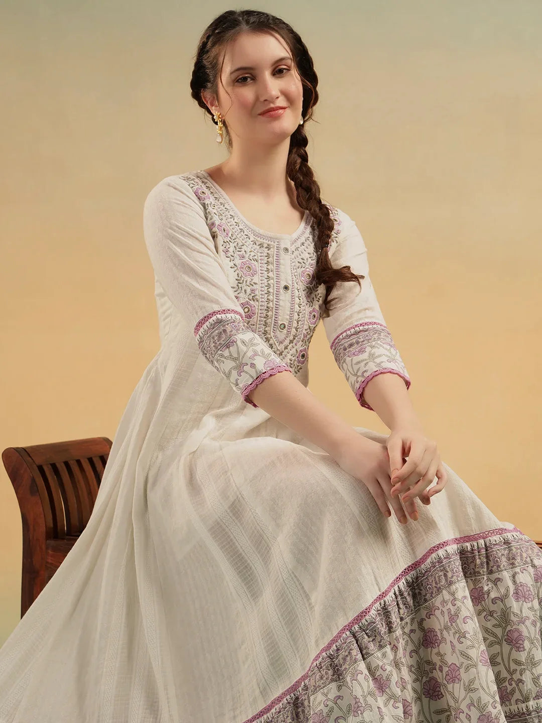 akrati Vastram Ivory Bloom A-Line Cotton Dress
