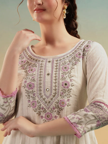 akrati Vastram Ivory Bloom A-Line Cotton Dress