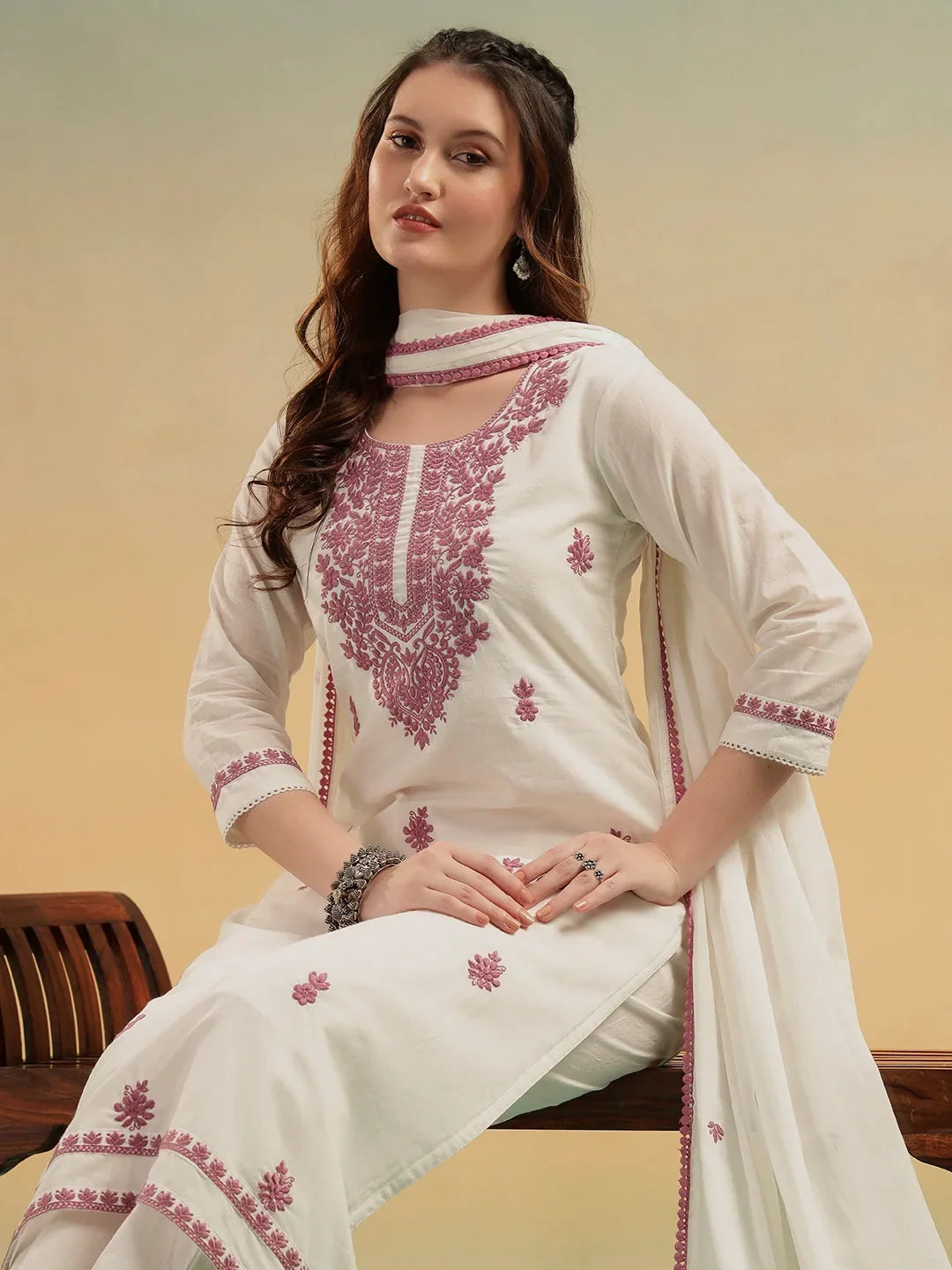 Ivory White Lucknowi Embroidered Cotton 3-Piece Suit Set
