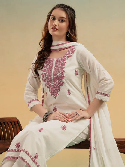 Ivory White Lucknowi Embroidered Cotton 3-Piece Suit Set