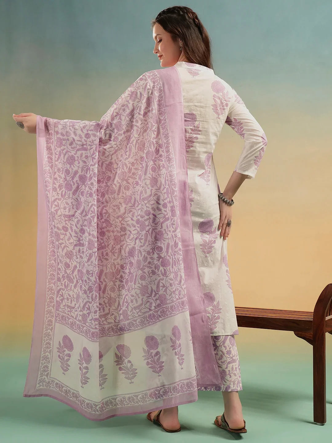 Ivory Blossom Cotton Suit Set – Jaipuri Printed Kurti Pant with Dupatta