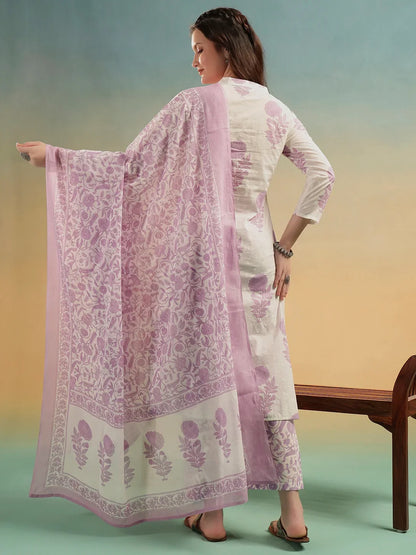 Ivory Blossom Cotton Suit Set – Jaipuri Printed Kurti Pant with Dupatta